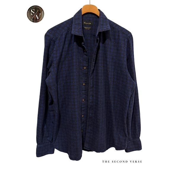Massimo Dutti Other - Massimo Dutti Mens Navy Black Navy Check Embroidered Tessuto Italiano Shirt L